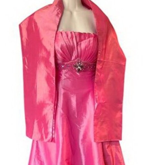 May Queen Hot Pink Strapless Taffeta Lame Beaded Dress With Wrap - Picture 5 of 5